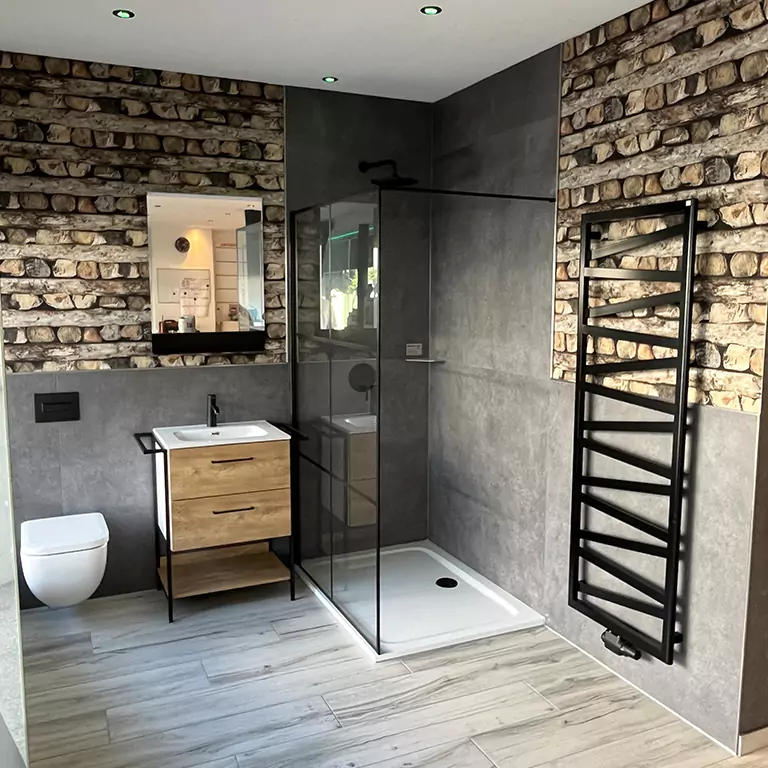 Ausstellung von modernen Duschen, Heizkörpern, Toiletten und Armaturen im Laden in Saarbrücken