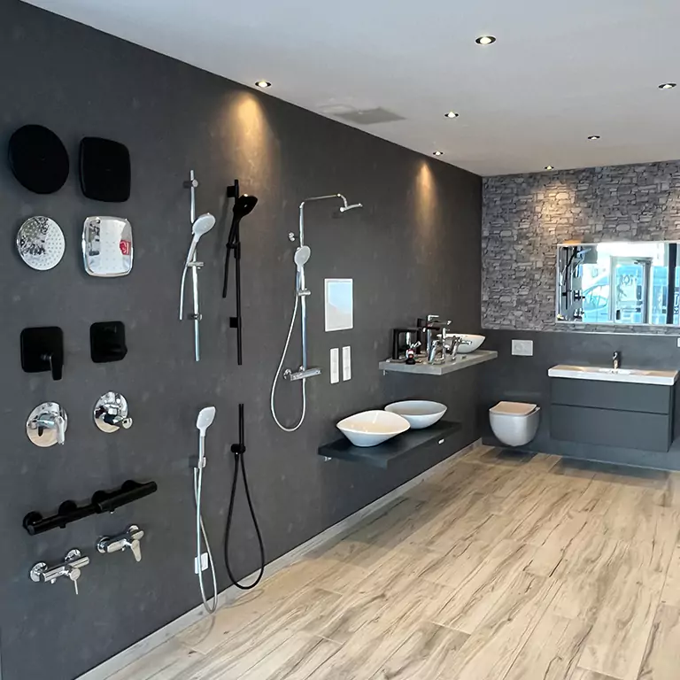 Ausstellung von modernen Waschbecken, Waschbeckenunterschränken, Toiletten und Armaturen im Laden in Saarbrücken